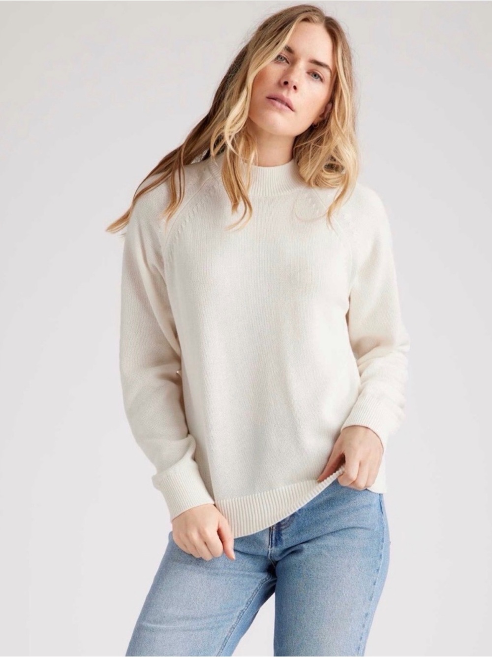 Quince 100% Cotton White Ivory Mock Neck Sweater - Soft Knit Size S